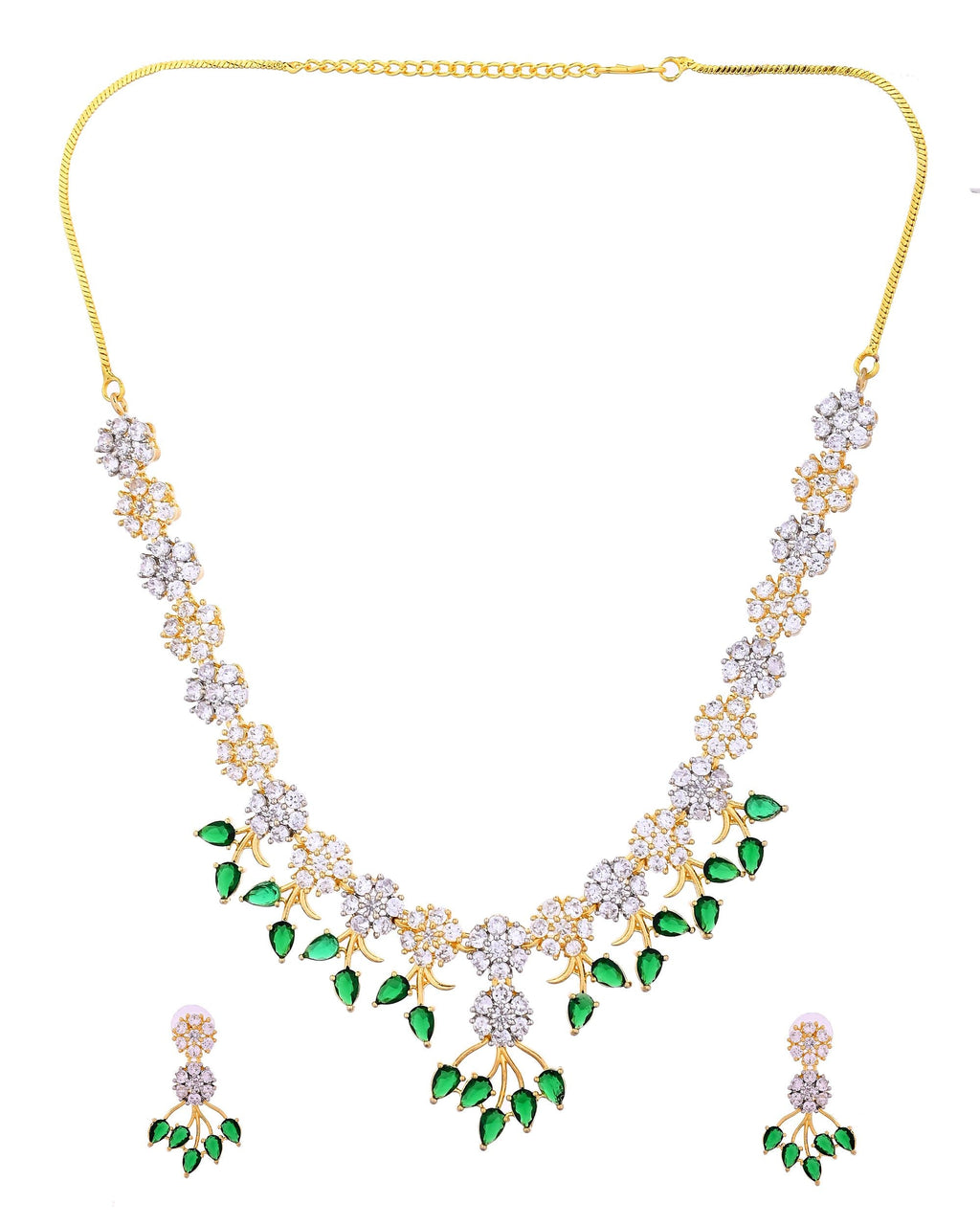 VOJ Gold-Toned Ad Stone Studded Floral Necklace & Earrings Set With Green Stone Drops | Grocsy