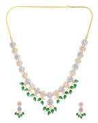 VOJ Gold-Toned Ad Stone Studded Floral Necklace & Earrings Set With Green Stone Drops | Grocsy