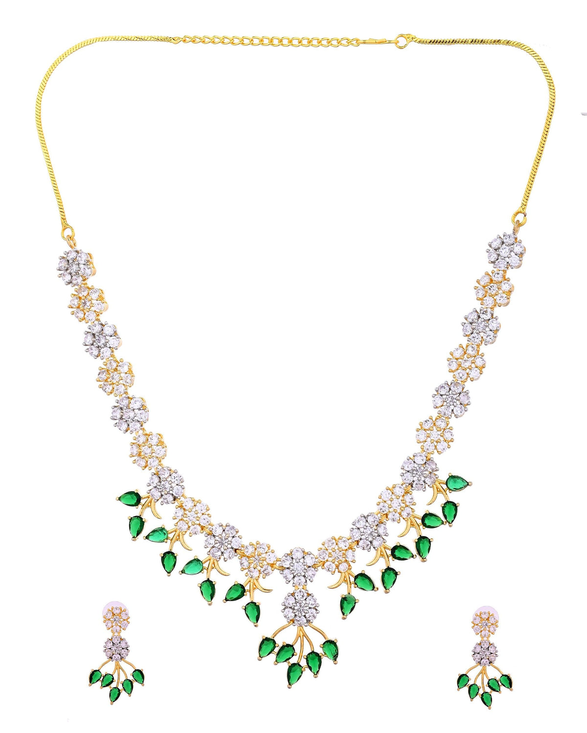 VOJ Gold-Toned Ad Stone Studded Floral Necklace & Earrings Set With Green Stone Drops | Grocsy