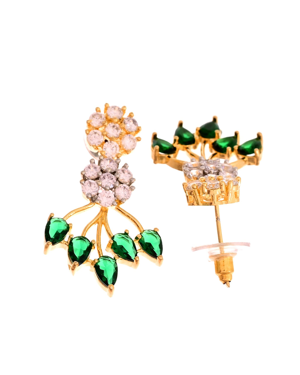 VOJ Gold-Toned Ad Stone Studded Floral Necklace & Earrings Set With Green Stone Drops | Grocsy