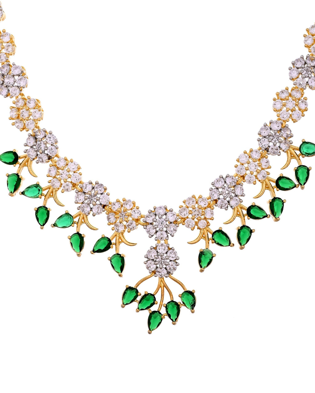 VOJ Gold-Toned Ad Stone Studded Floral Necklace & Earrings Set With Green Stone Drops | Grocsy