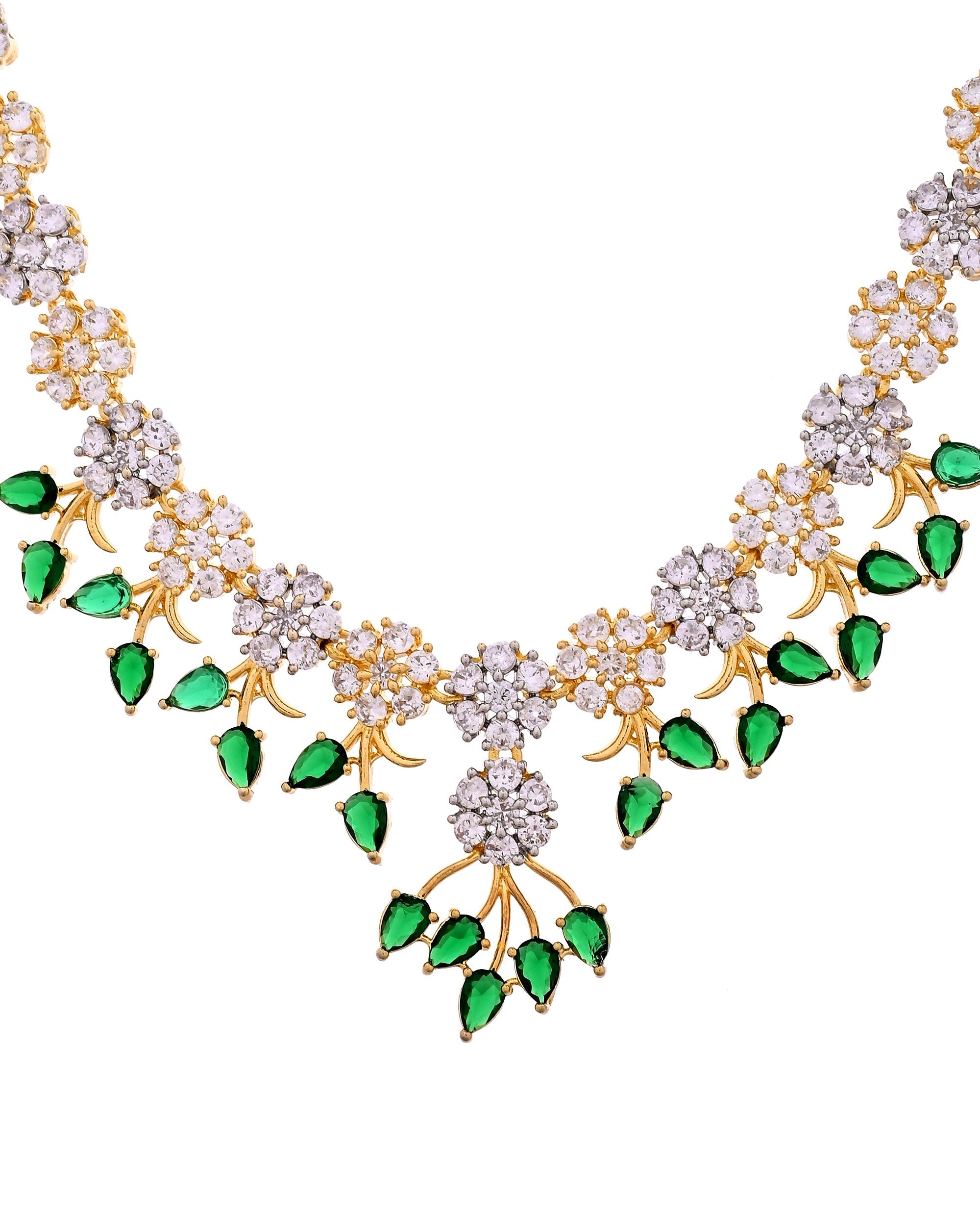 VOJ Gold-Toned Ad Stone Studded Floral Necklace & Earrings Set With Green Stone Drops | Grocsy