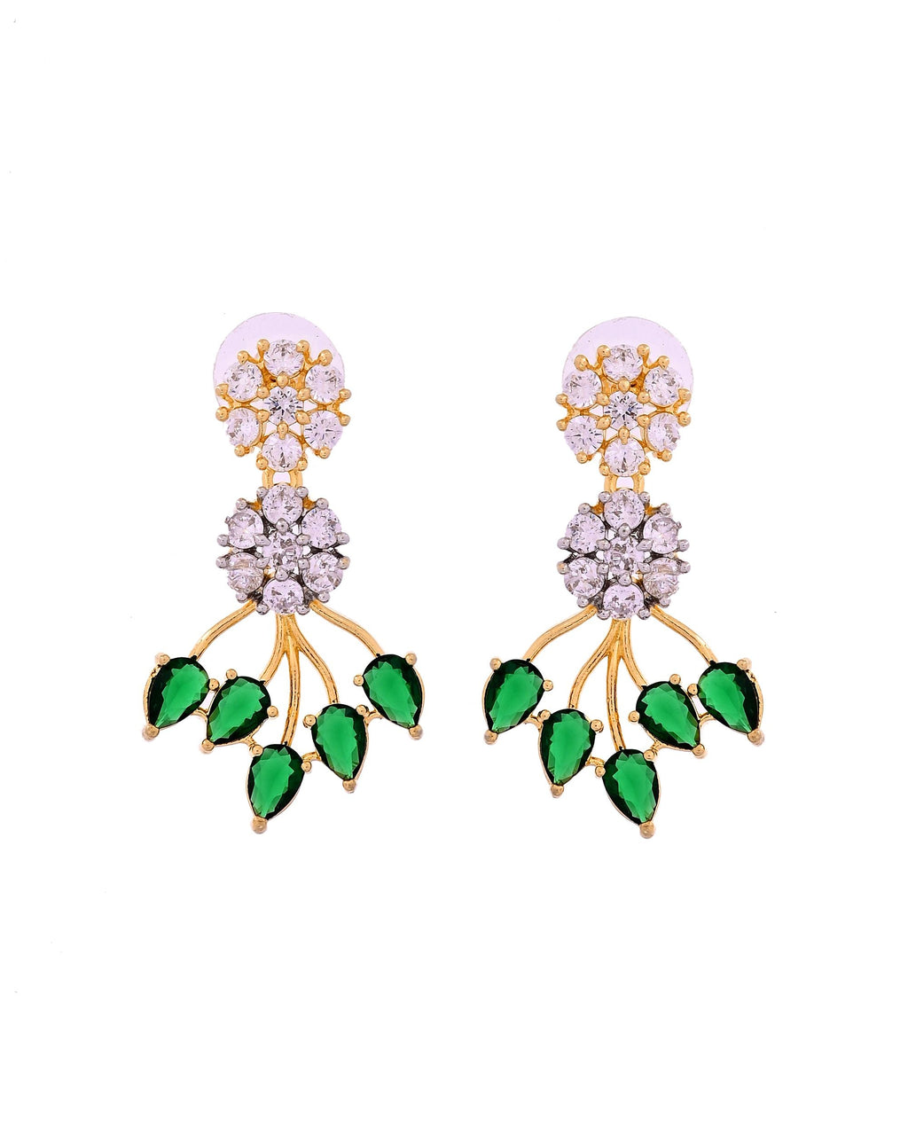 VOJ Gold-Toned Ad Stone Studded Floral Necklace & Earrings Set With Green Stone Drops | Grocsy