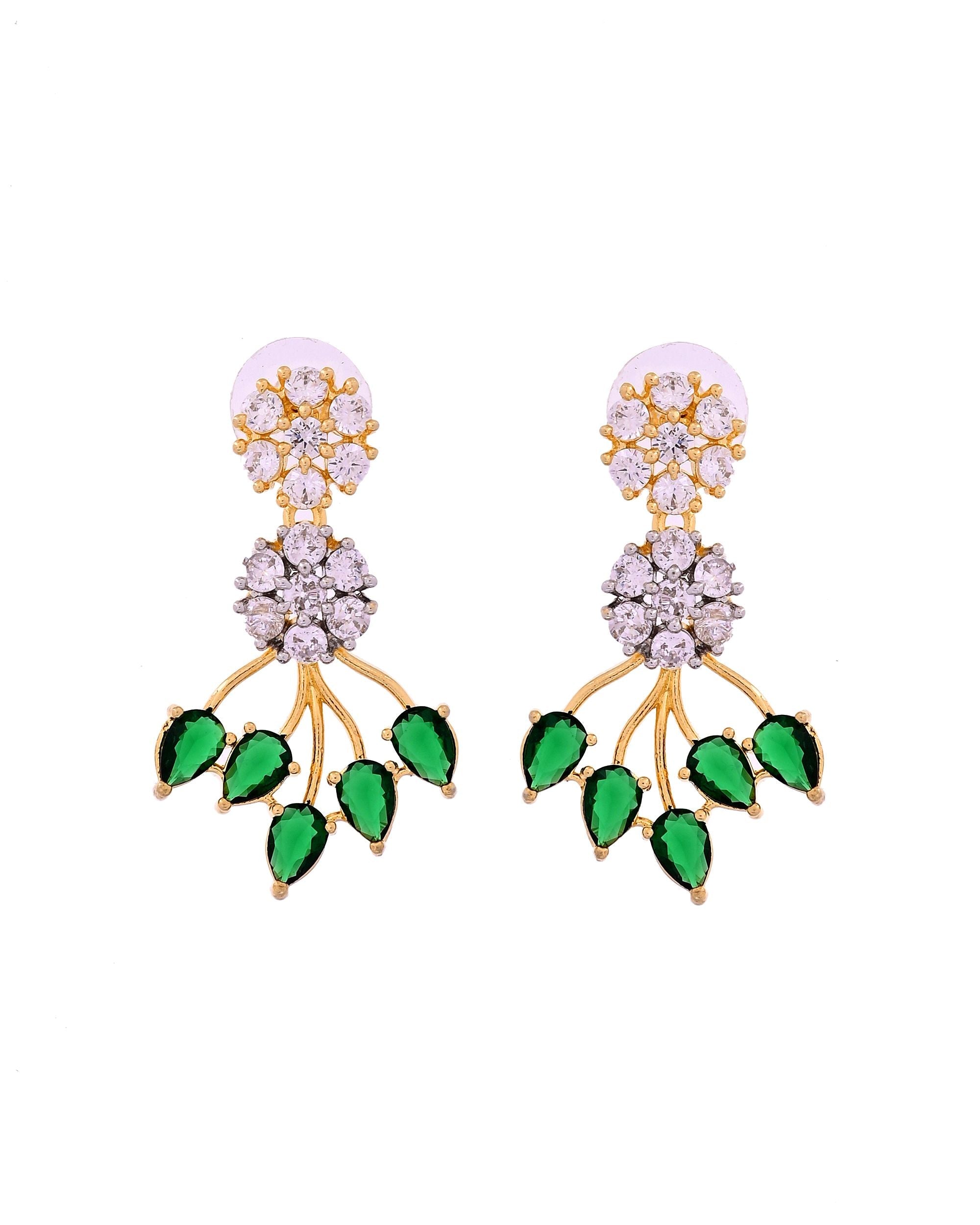 VOJ Gold-Toned Ad Stone Studded Floral Necklace & Earrings Set With Green Stone Drops | Grocsy