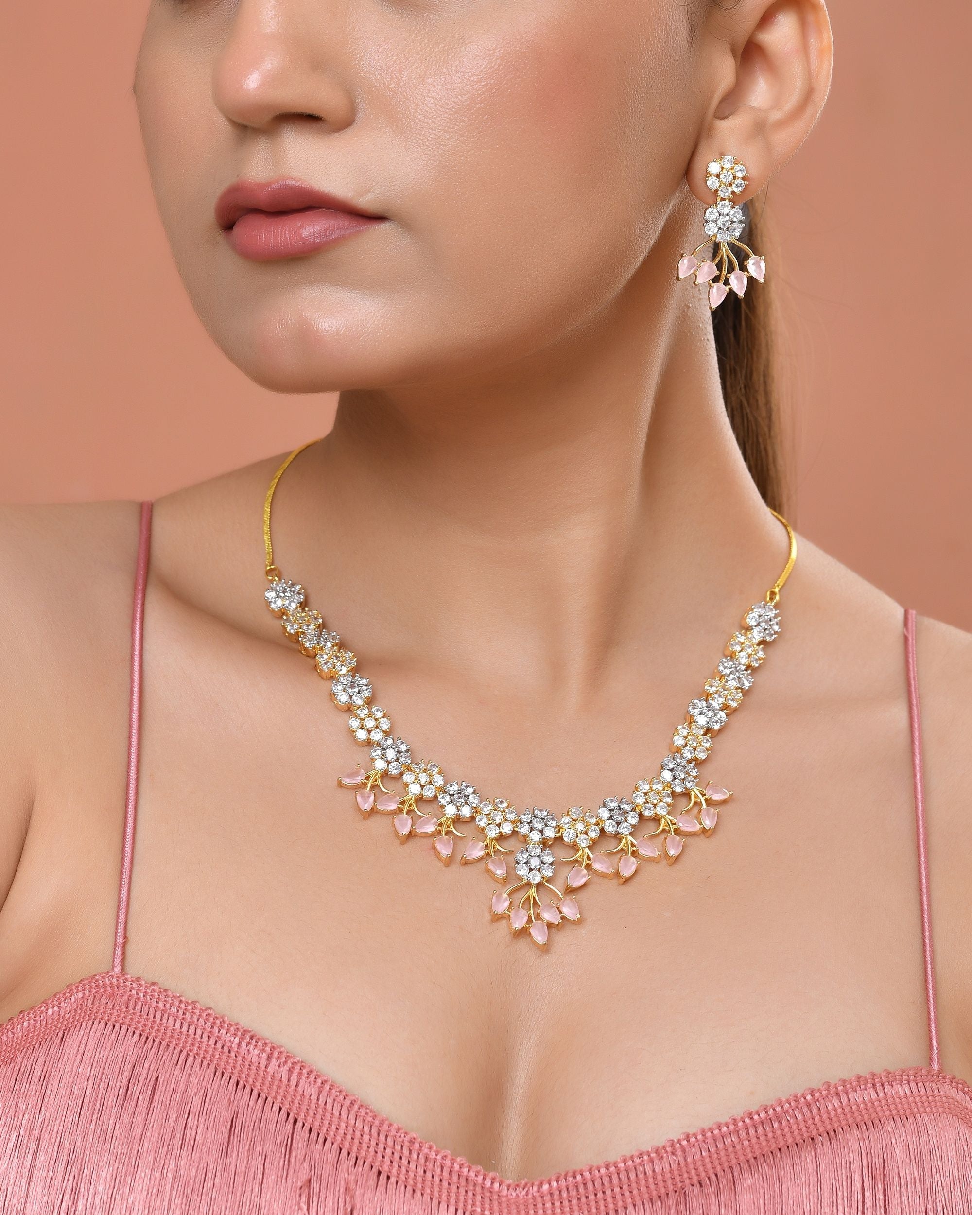 VOJ Gold-Toned Ad Stone Studded Floral Necklace & Earrings Set With Baby Pink Stone Drops | Grocsy