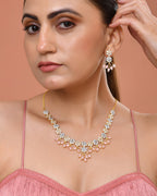 VOJ Gold-Toned Ad Stone Studded Floral Necklace & Earrings Set With Baby Pink Stone Drops | Grocsy