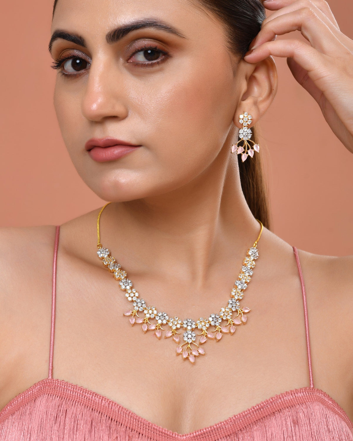 VOJ Gold-Toned Ad Stone Studded Floral Necklace & Earrings Set With Baby Pink Stone Drops | Grocsy