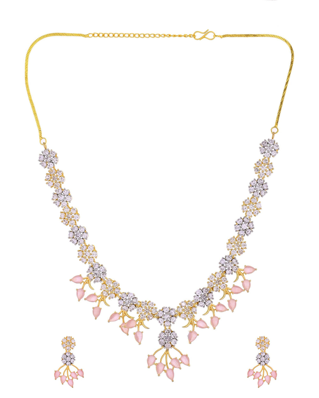 VOJ Gold-Toned Ad Stone Studded Floral Necklace & Earrings Set With Baby Pink Stone Drops | Grocsy
