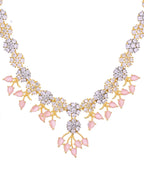 VOJ Gold-Toned Ad Stone Studded Floral Necklace & Earrings Set With Baby Pink Stone Drops | Grocsy