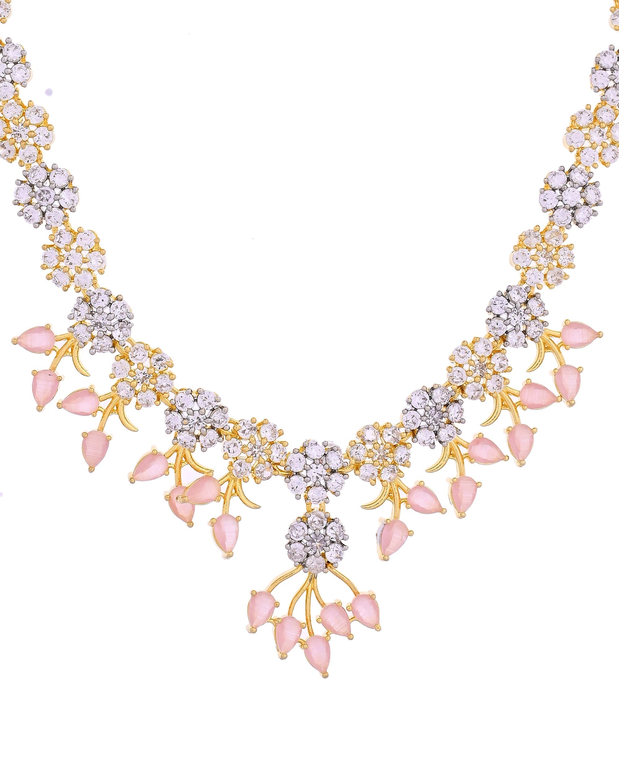 VOJ Gold-Toned Ad Stone Studded Floral Necklace & Earrings Set With Baby Pink Stone Drops | Grocsy