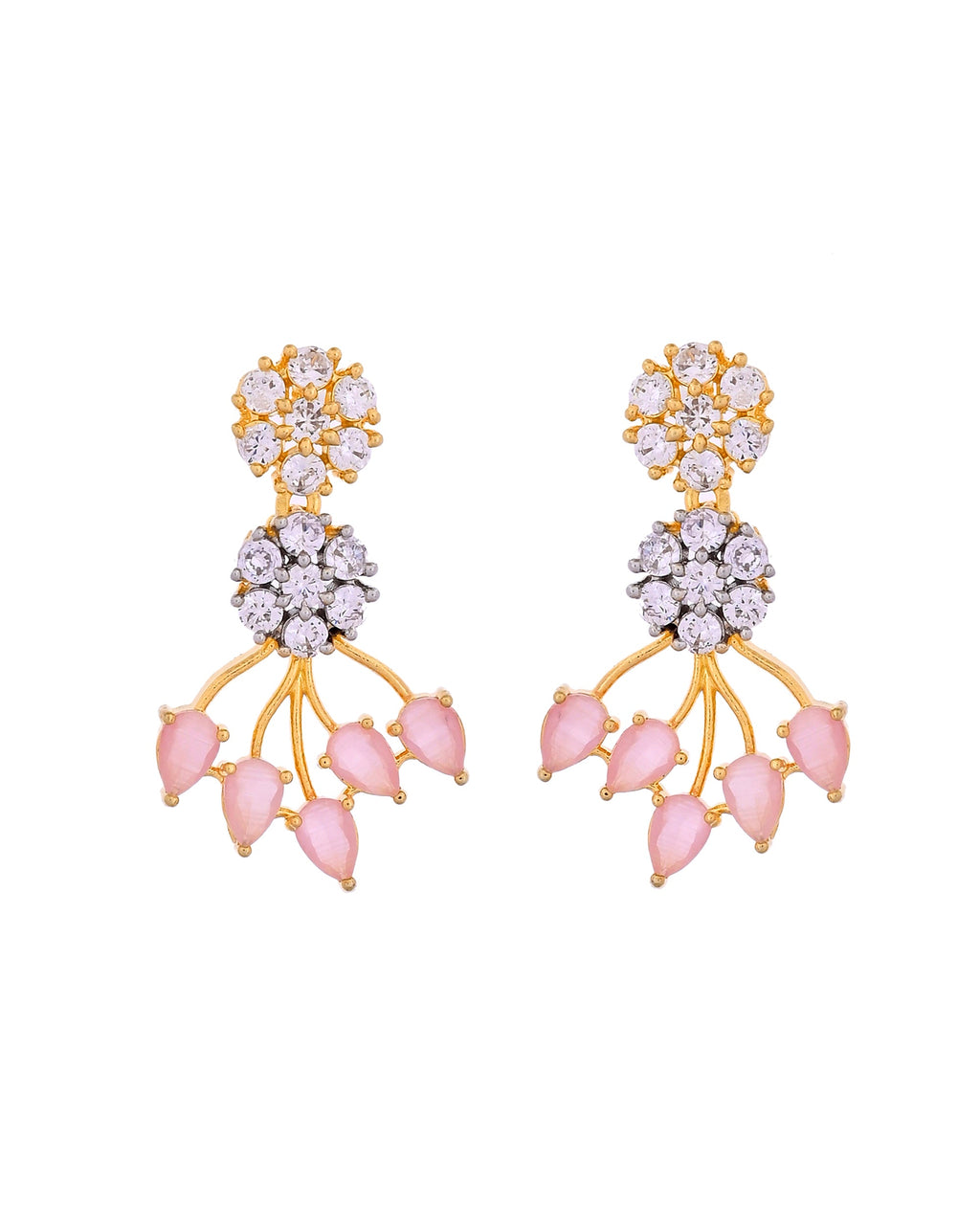 VOJ Gold-Toned Ad Stone Studded Floral Necklace & Earrings Set With Baby Pink Stone Drops | Grocsy