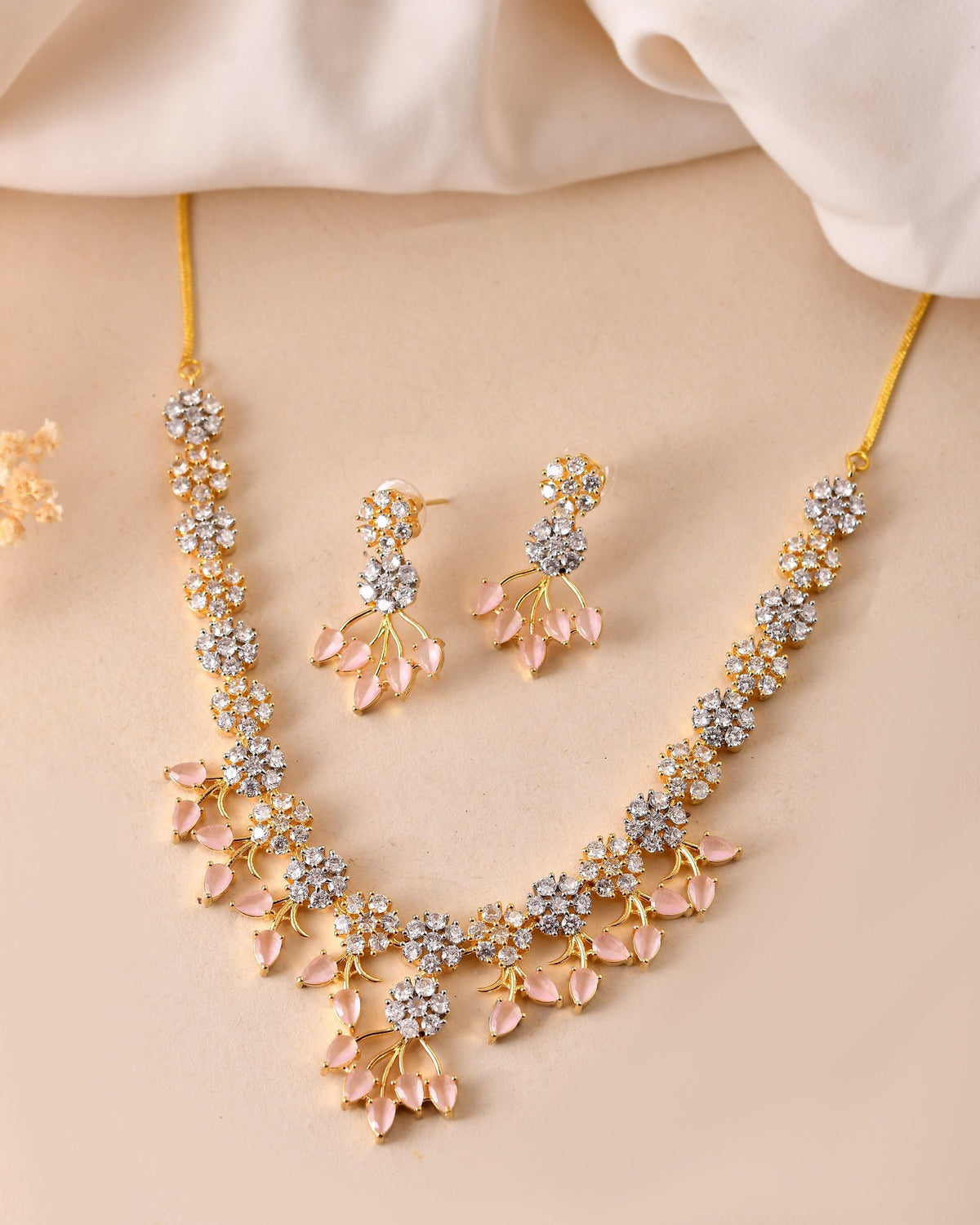 VOJ Gold-Toned Ad Stone Studded Floral Necklace & Earrings Set With Baby Pink Stone Drops | Grocsy