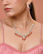 VOJ Gold-Toned Ad Stone Studded Floral Necklace & Earrings Set With Red Stone Drops | Grocsy