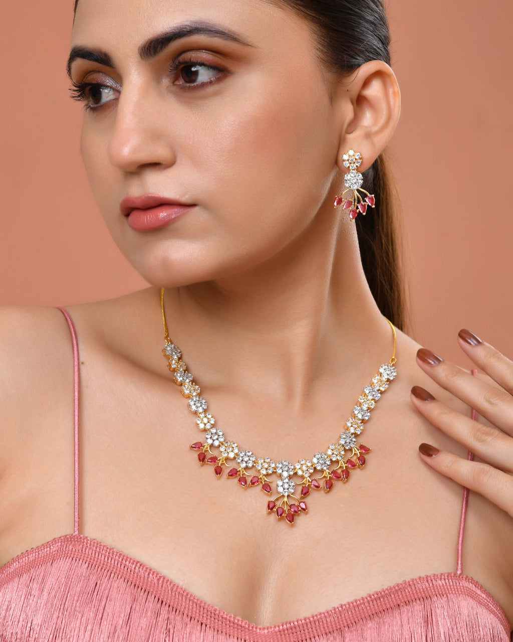 VOJ Gold-Toned Ad Stone Studded Floral Necklace & Earrings Set With Red Stone Drops | Grocsy