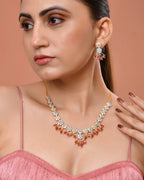 VOJ Gold-Toned Ad Stone Studded Floral Necklace & Earrings Set With Red Stone Drops | Grocsy
