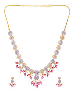 VOJ Gold-Toned Ad Stone Studded Floral Necklace & Earrings Set With Red Stone Drops | Grocsy