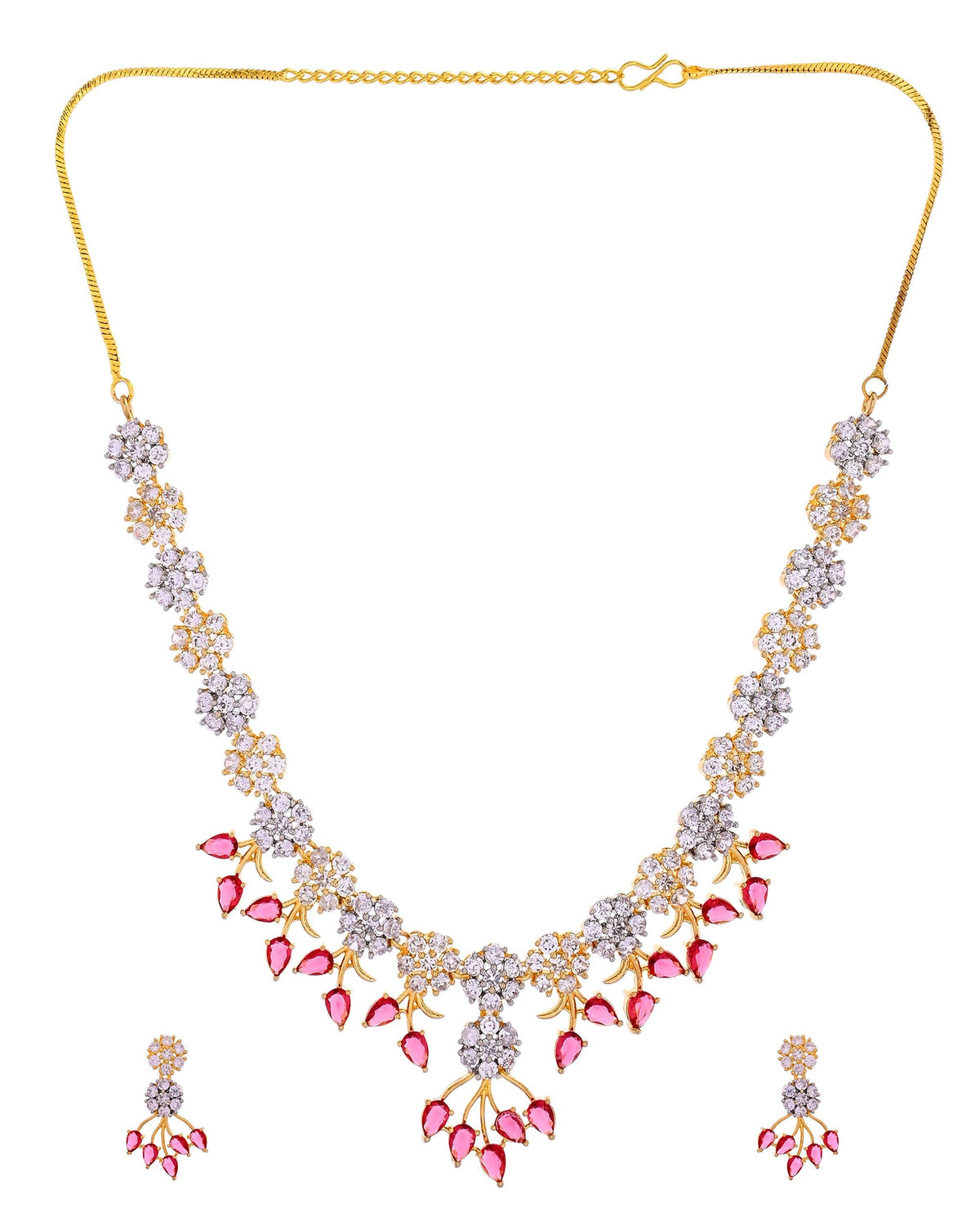VOJ Gold-Toned Ad Stone Studded Floral Necklace & Earrings Set With Red Stone Drops | Grocsy