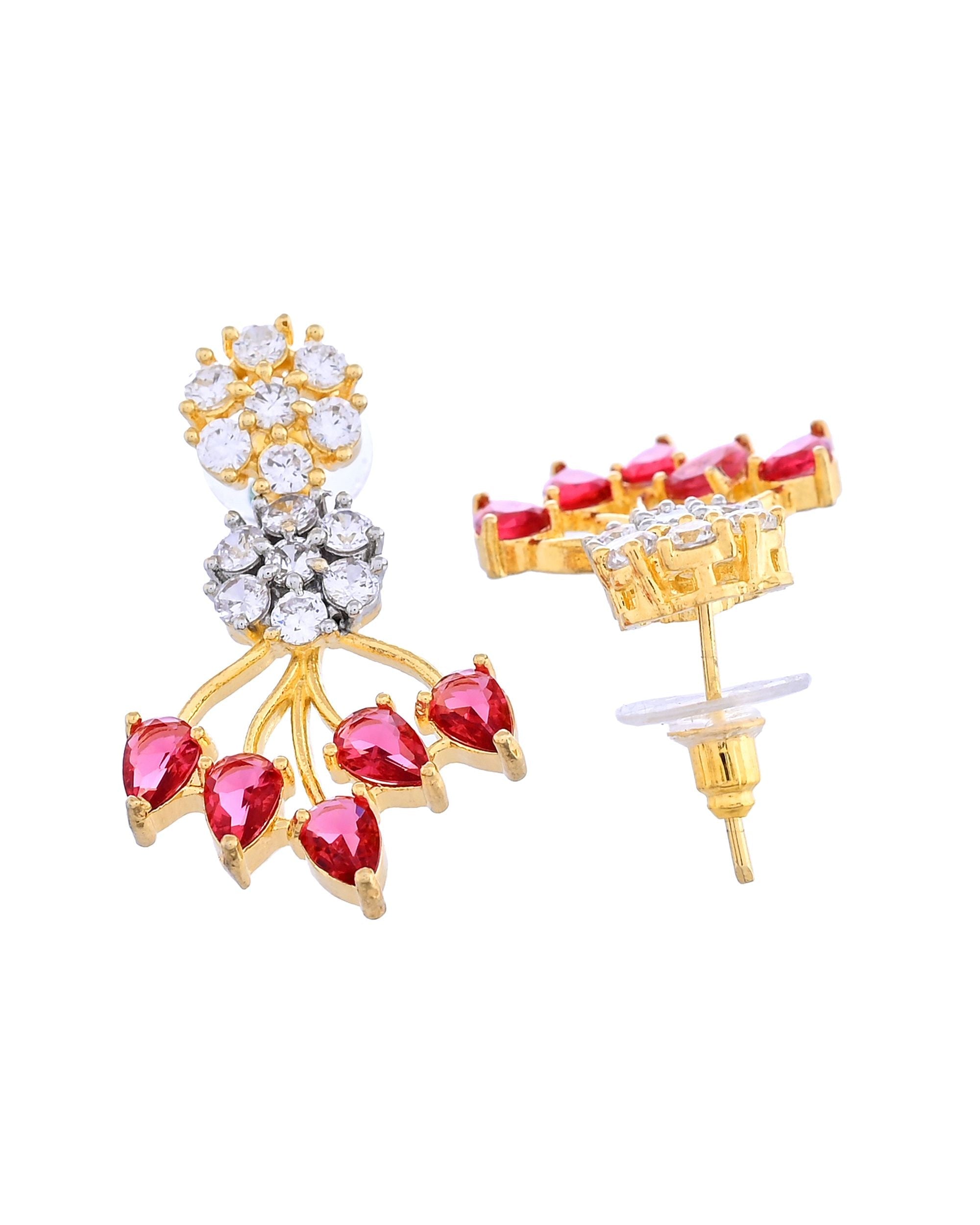 VOJ Gold-Toned Ad Stone Studded Floral Necklace & Earrings Set With Red Stone Drops | Grocsy