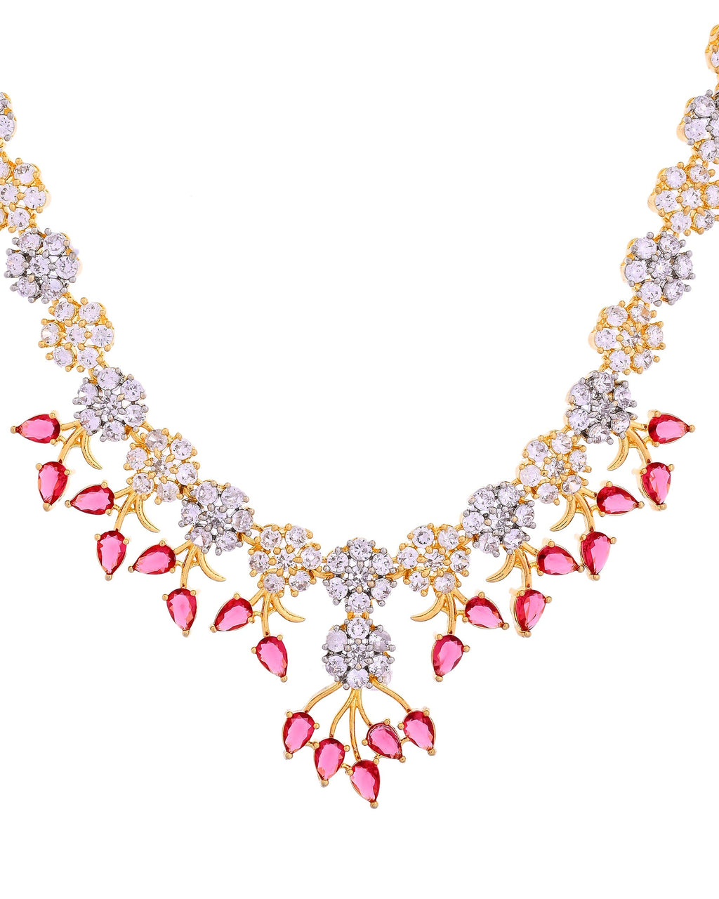 VOJ Gold-Toned Ad Stone Studded Floral Necklace & Earrings Set With Red Stone Drops | Grocsy
