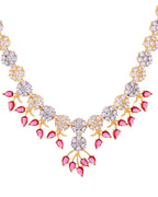 VOJ Gold-Toned Ad Stone Studded Floral Necklace & Earrings Set With Red Stone Drops | Grocsy