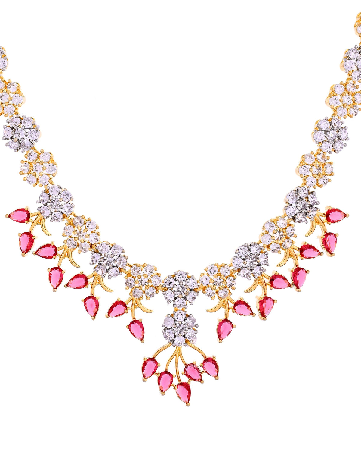 VOJ Gold-Toned Ad Stone Studded Floral Necklace & Earrings Set With Red Stone Drops | Grocsy