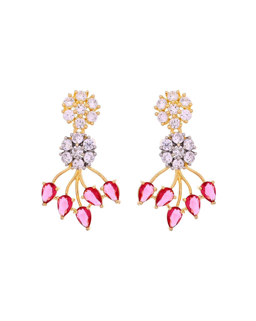 VOJ Gold-Toned Ad Stone Studded Floral Necklace & Earrings Set With Red Stone Drops | Grocsy