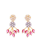 VOJ Gold-Toned Ad Stone Studded Floral Necklace & Earrings Set With Red Stone Drops | Grocsy