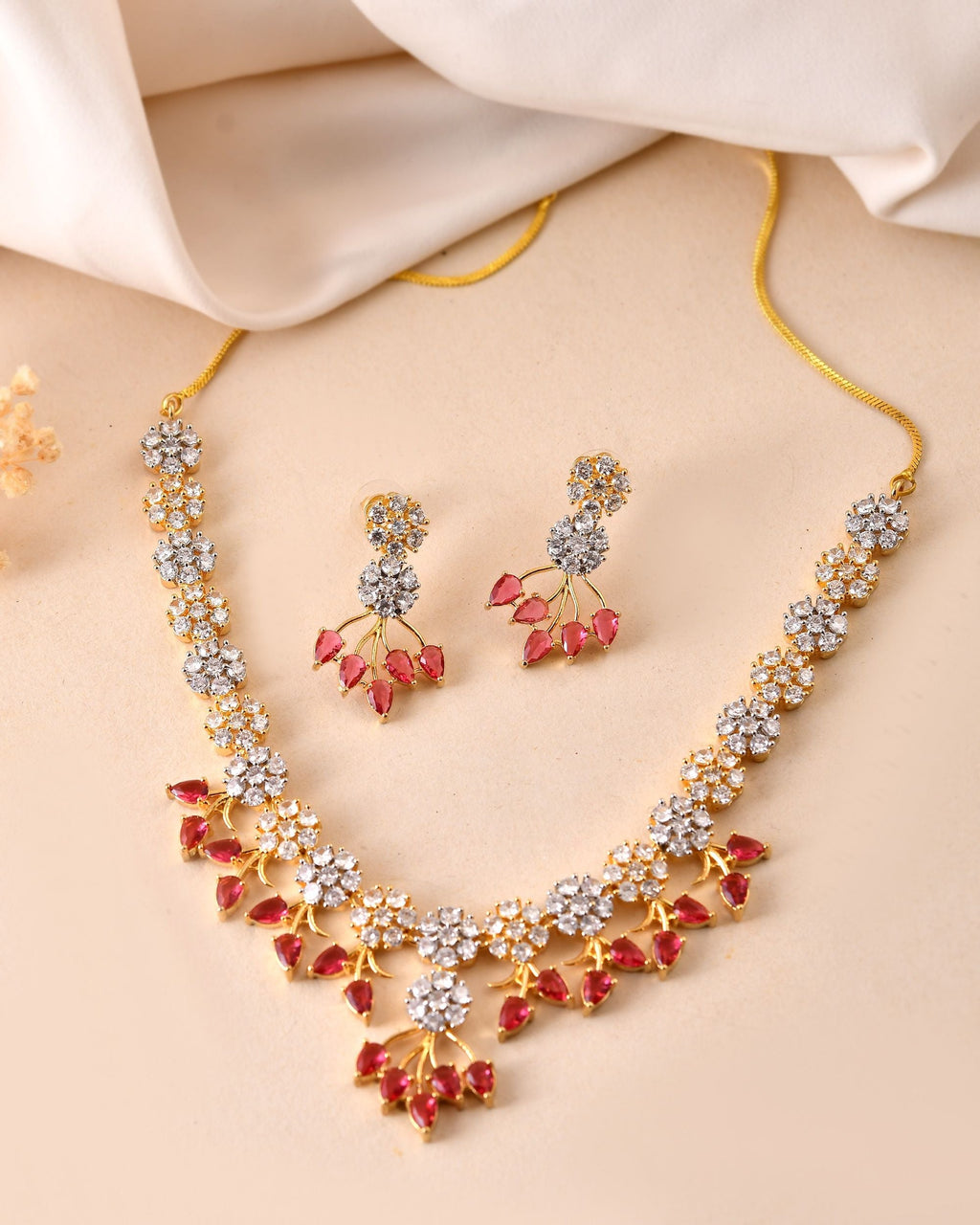 VOJ Gold-Toned Ad Stone Studded Floral Necklace & Earrings Set With Red Stone Drops | Grocsy