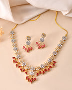 VOJ Gold-Toned Ad Stone Studded Floral Necklace & Earrings Set With Red Stone Drops | Grocsy