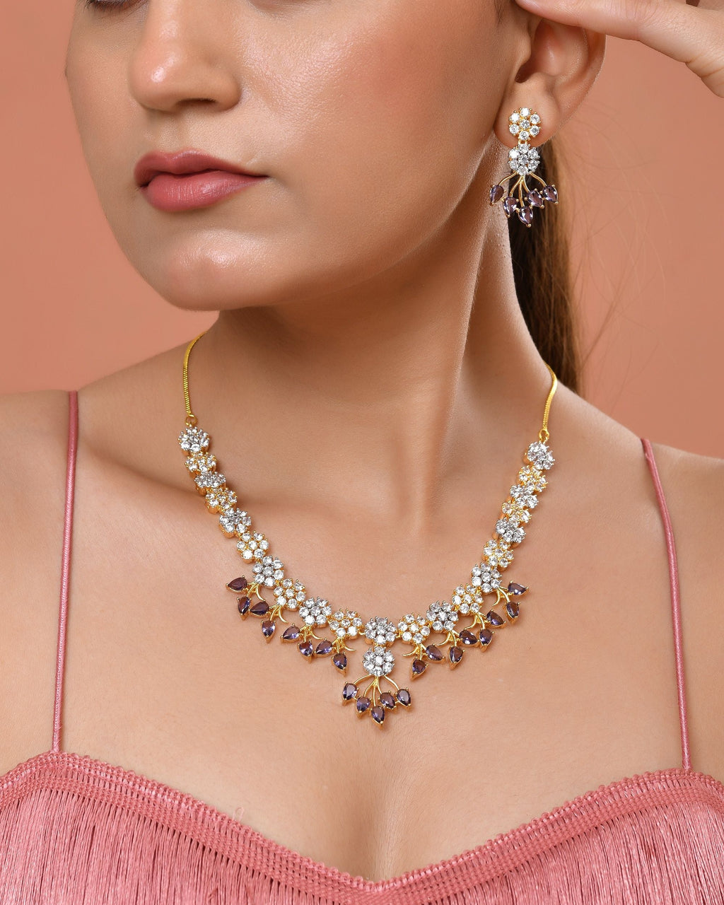 VOJ Gold-Toned Ad Stone Studded Floral Necklace & Earrings Set With Purple Stone Drops | Grocsy