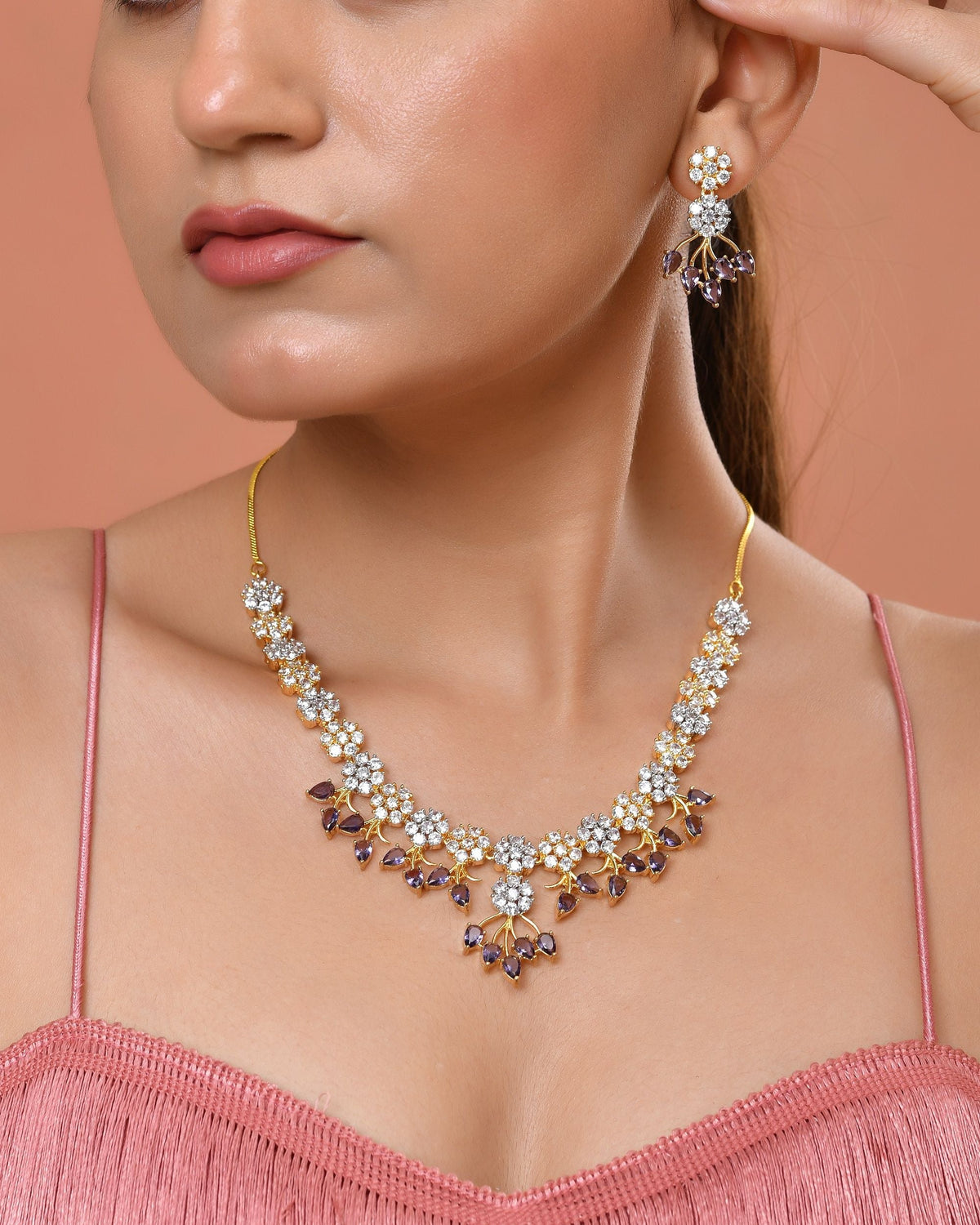 VOJ Gold-Toned Ad Stone Studded Floral Necklace & Earrings Set With Purple Stone Drops | Grocsy