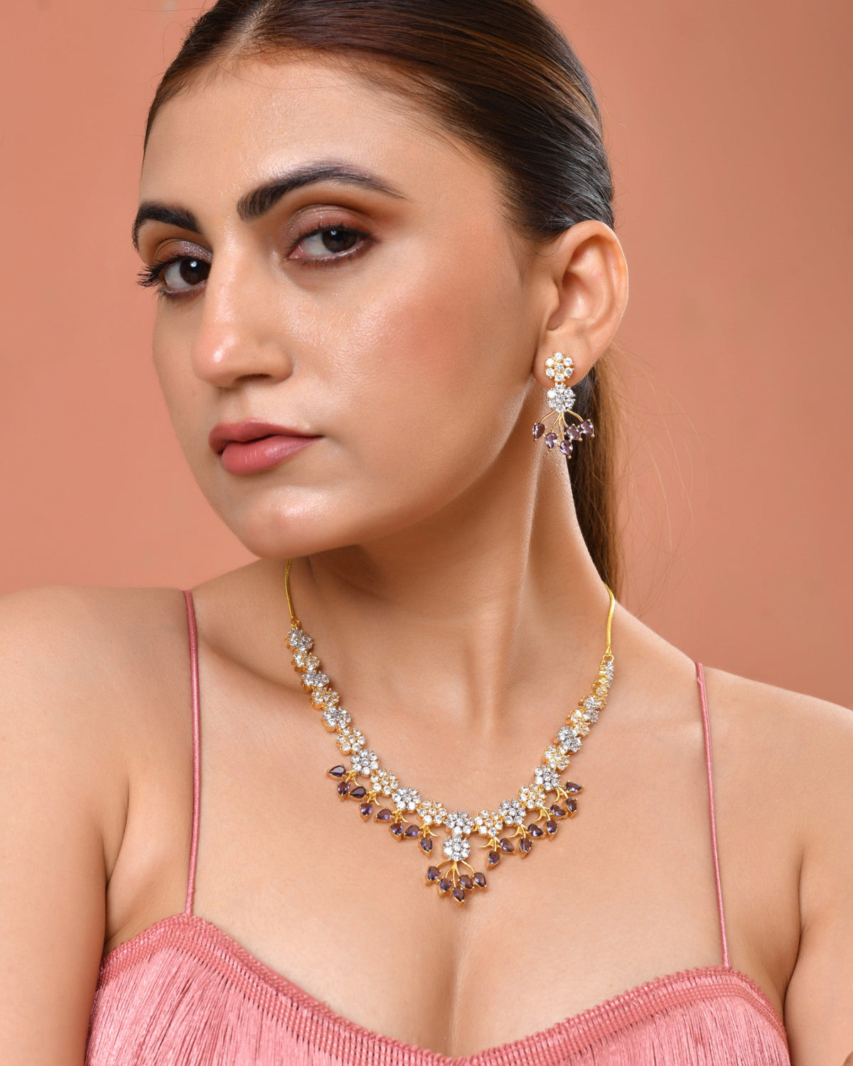 VOJ Gold-Toned Ad Stone Studded Floral Necklace & Earrings Set With Purple Stone Drops | Grocsy