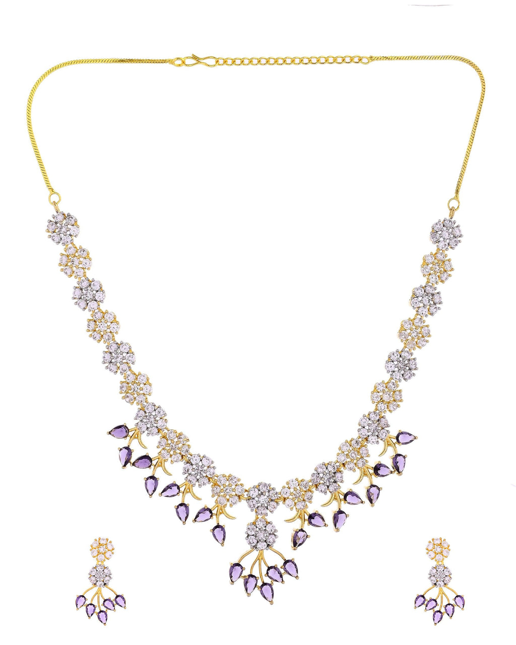 VOJ Gold-Toned Ad Stone Studded Floral Necklace & Earrings Set With Purple Stone Drops | Grocsy