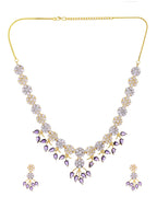 VOJ Gold-Toned Ad Stone Studded Floral Necklace & Earrings Set With Purple Stone Drops | Grocsy