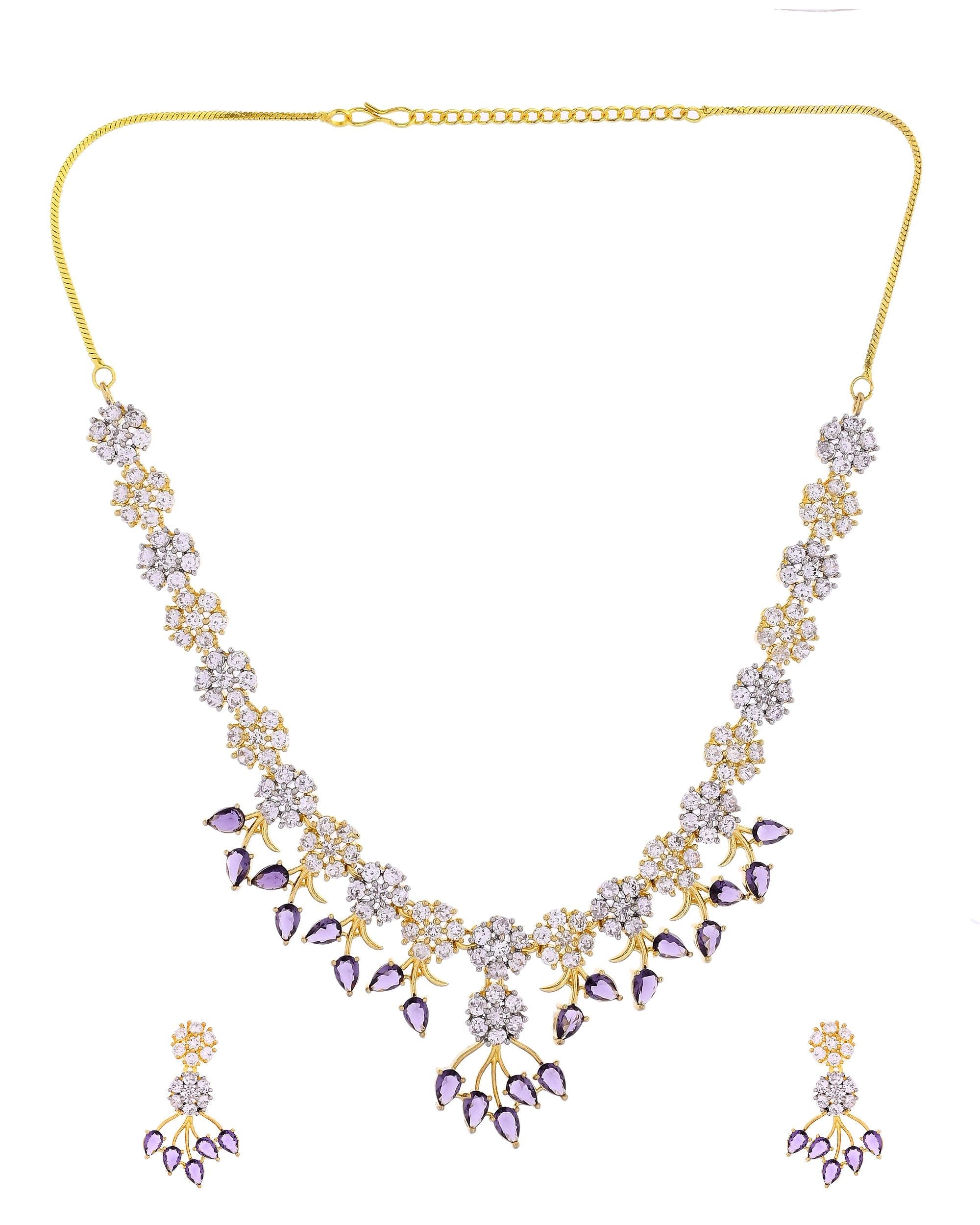 VOJ Gold-Toned Ad Stone Studded Floral Necklace & Earrings Set With Purple Stone Drops | Grocsy