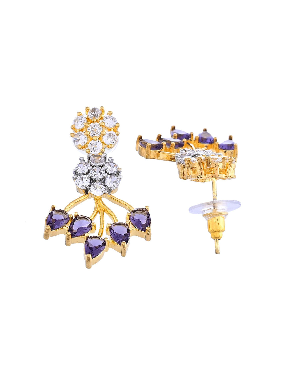 VOJ Gold-Toned Ad Stone Studded Floral Necklace & Earrings Set With Purple Stone Drops | Grocsy