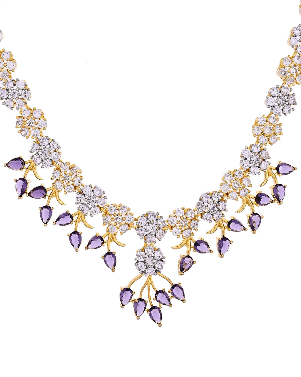 VOJ Gold-Toned Ad Stone Studded Floral Necklace & Earrings Set With Purple Stone Drops | Grocsy