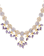 VOJ Gold-Toned Ad Stone Studded Floral Necklace & Earrings Set With Purple Stone Drops | Grocsy