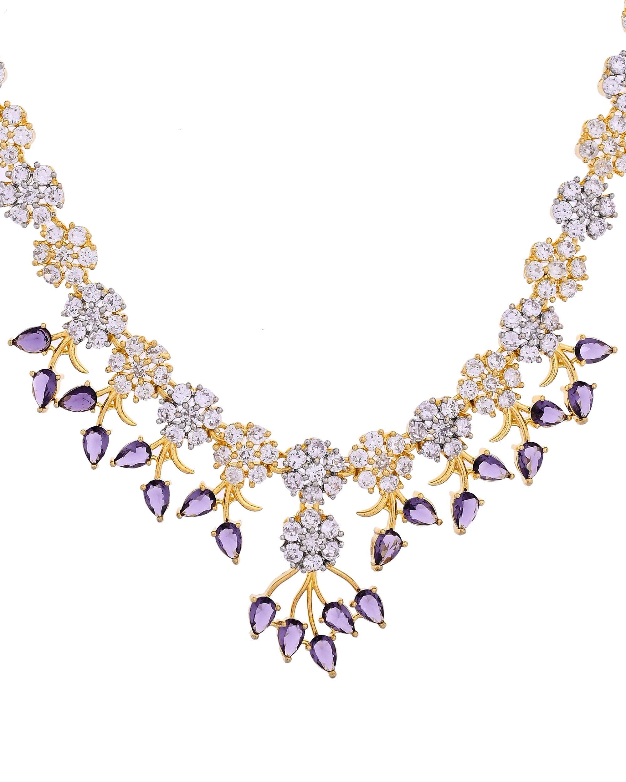 VOJ Gold-Toned Ad Stone Studded Floral Necklace & Earrings Set With Purple Stone Drops | Grocsy