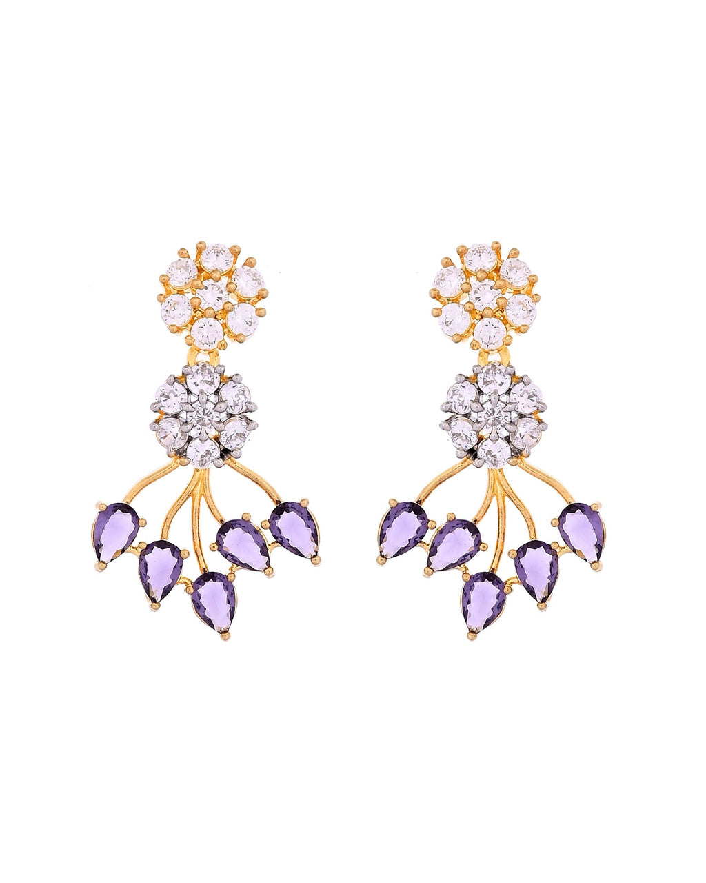 VOJ Gold-Toned Ad Stone Studded Floral Necklace & Earrings Set With Purple Stone Drops | Grocsy