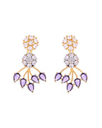 VOJ Gold-Toned Ad Stone Studded Floral Necklace & Earrings Set With Purple Stone Drops | Grocsy