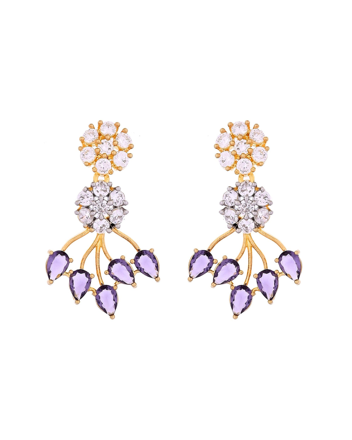 VOJ Gold-Toned Ad Stone Studded Floral Necklace & Earrings Set With Purple Stone Drops | Grocsy