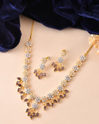 VOJ Gold-Toned Ad Stone Studded Floral Necklace & Earrings Set With Purple Stone Drops | Grocsy