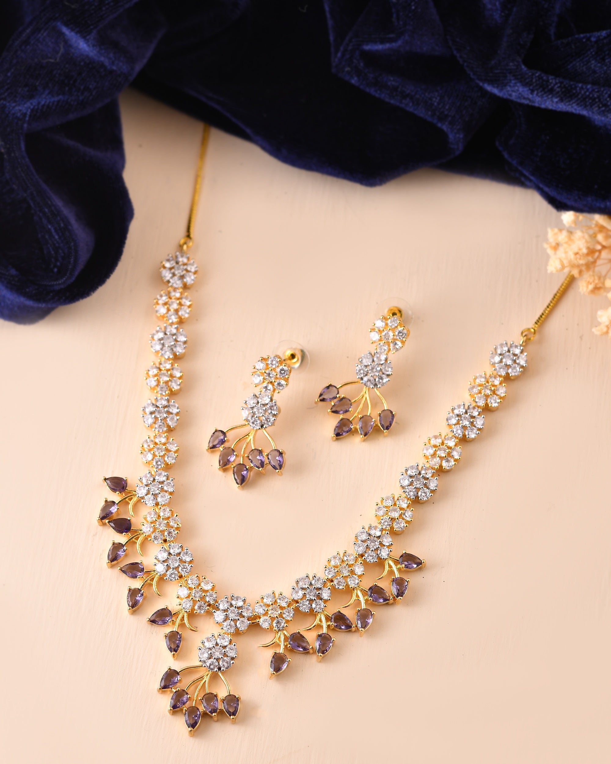 VOJ Gold-Toned Ad Stone Studded Floral Necklace & Earrings Set With Purple Stone Drops | Grocsy