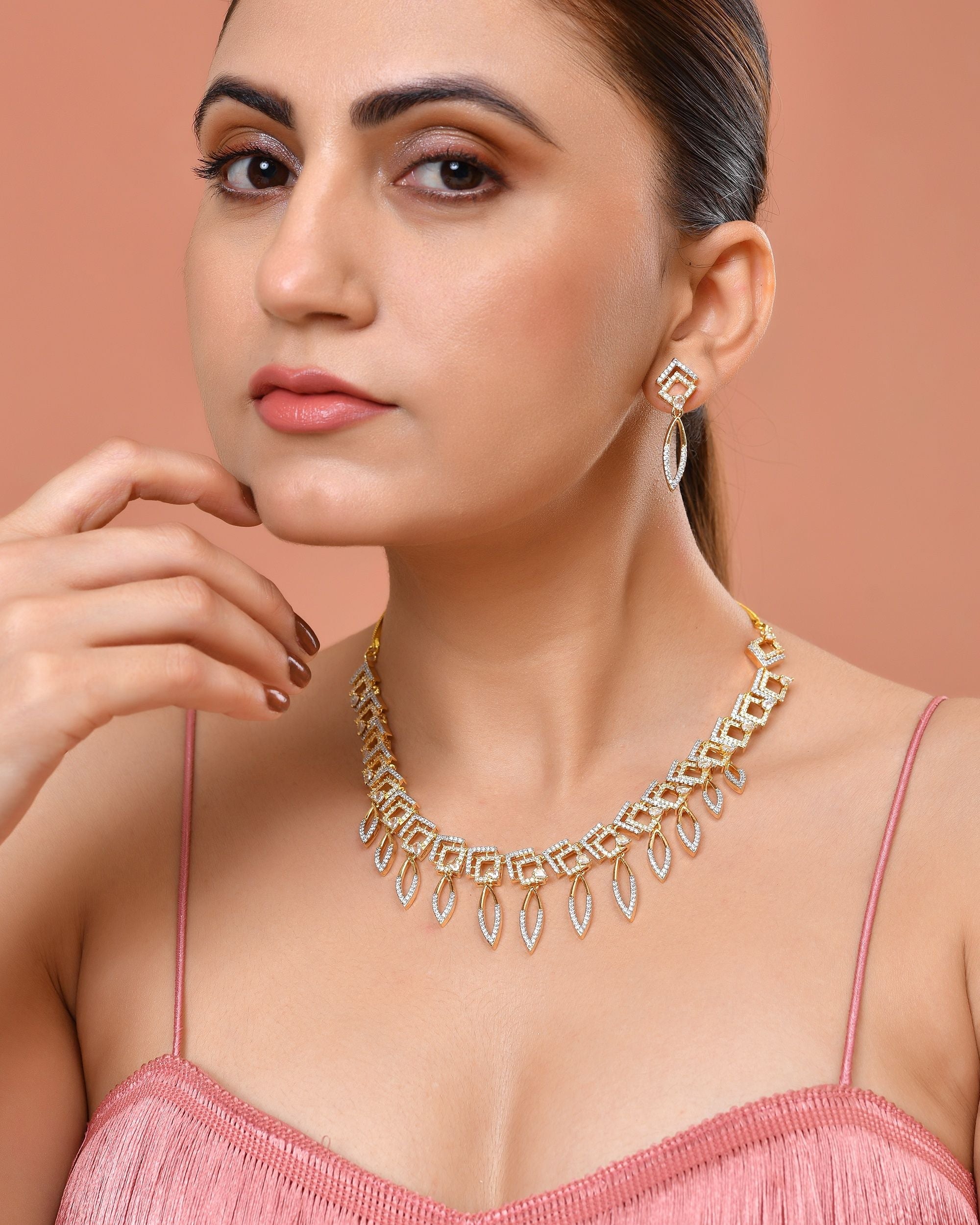 VOJ Gold Plated Ad Studded Square And Leaf Shaped Necklace Set | Grocsy
