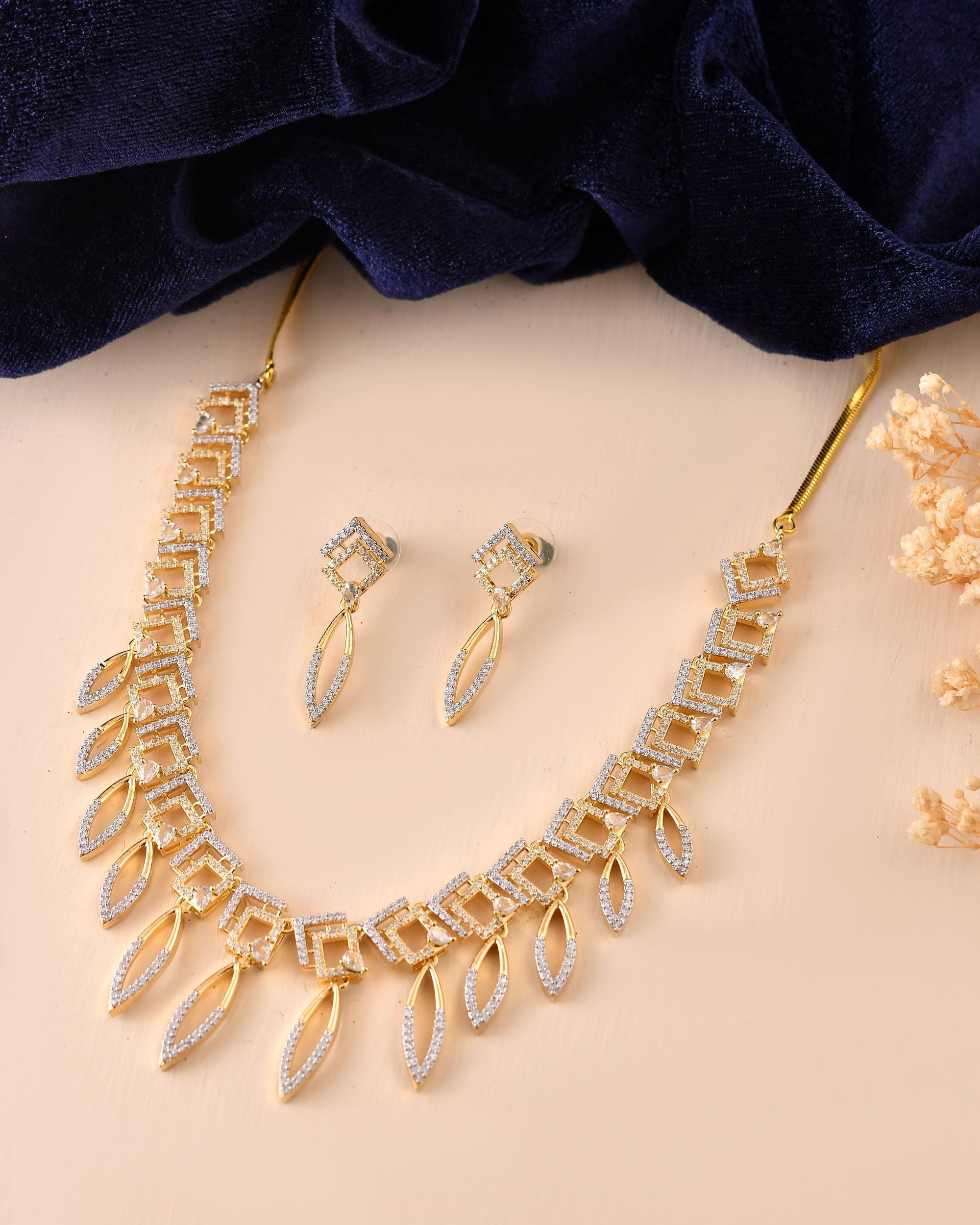 VOJ Gold Plated Ad Studded Square And Leaf Shaped Necklace Set | Grocsy
