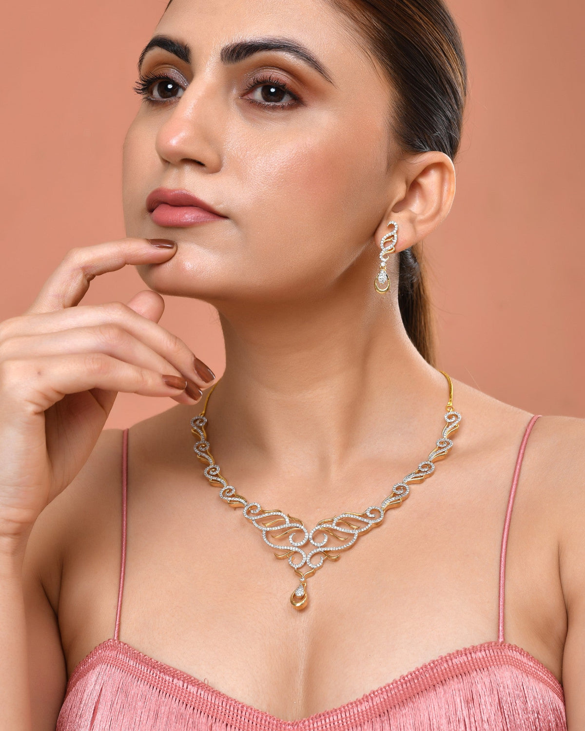 VOJ Gold Plated Designer Necklace With Earrings Ad Jewellery Set | Grocsy