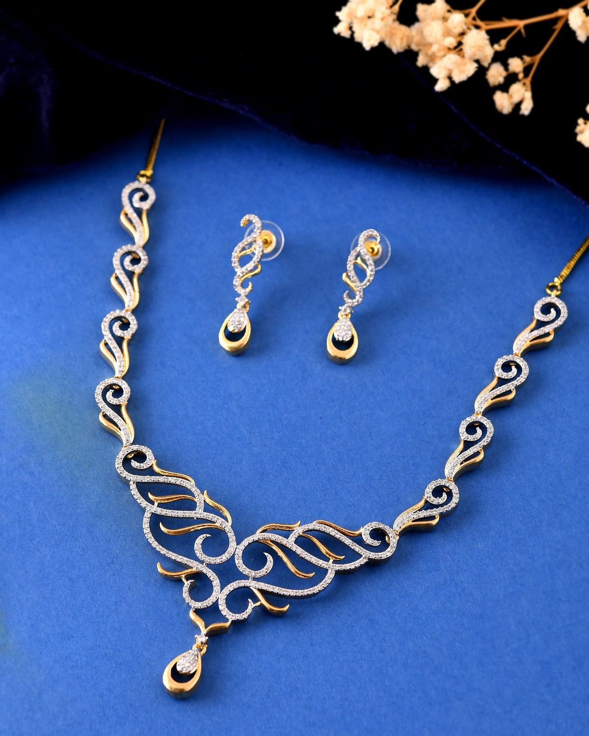 VOJ Gold Plated Designer Necklace With Earrings Ad Jewellery Set | Grocsy