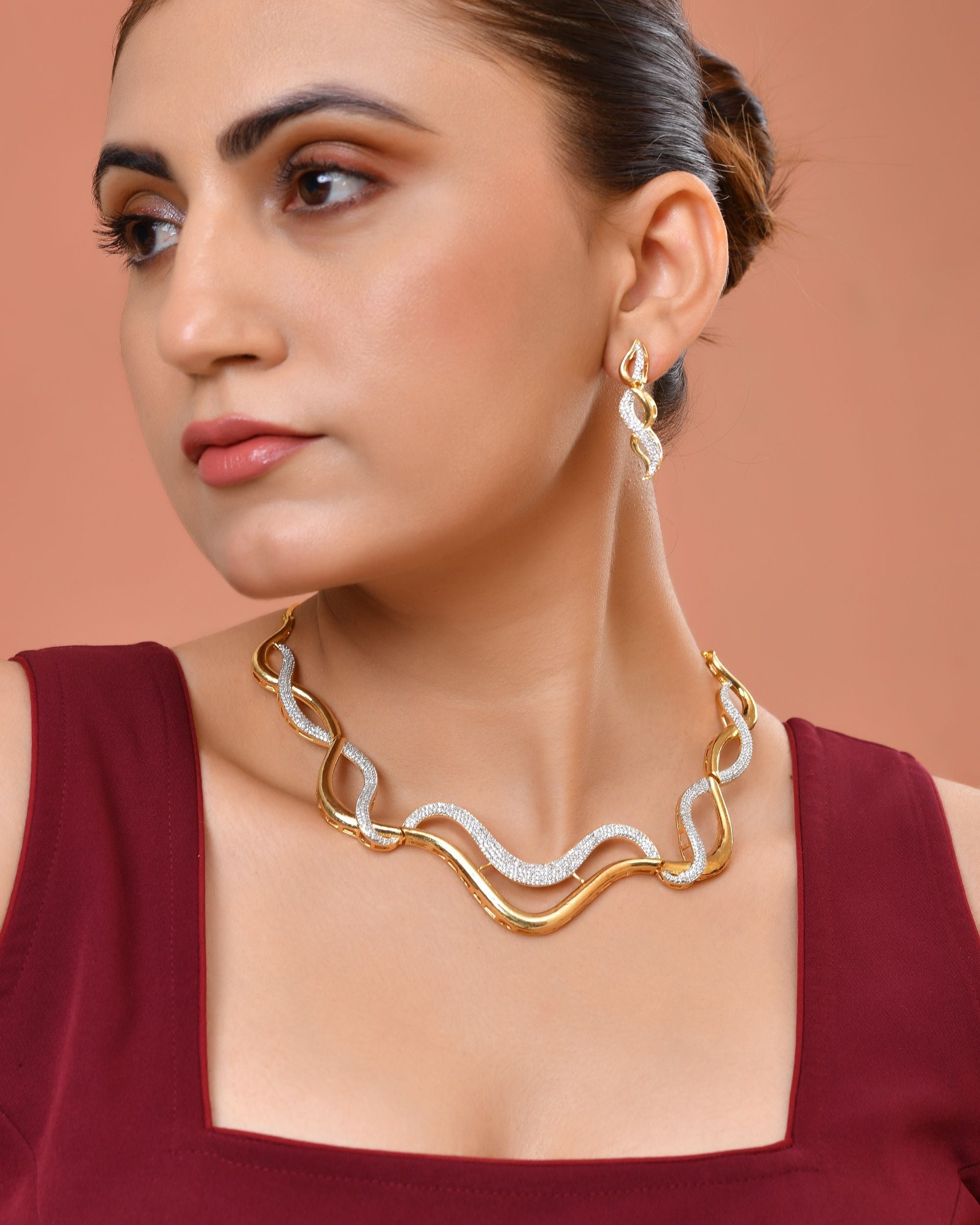 VOJ Gold Plated Waved Design Elegant Ad Jewellery Set | Grocsy