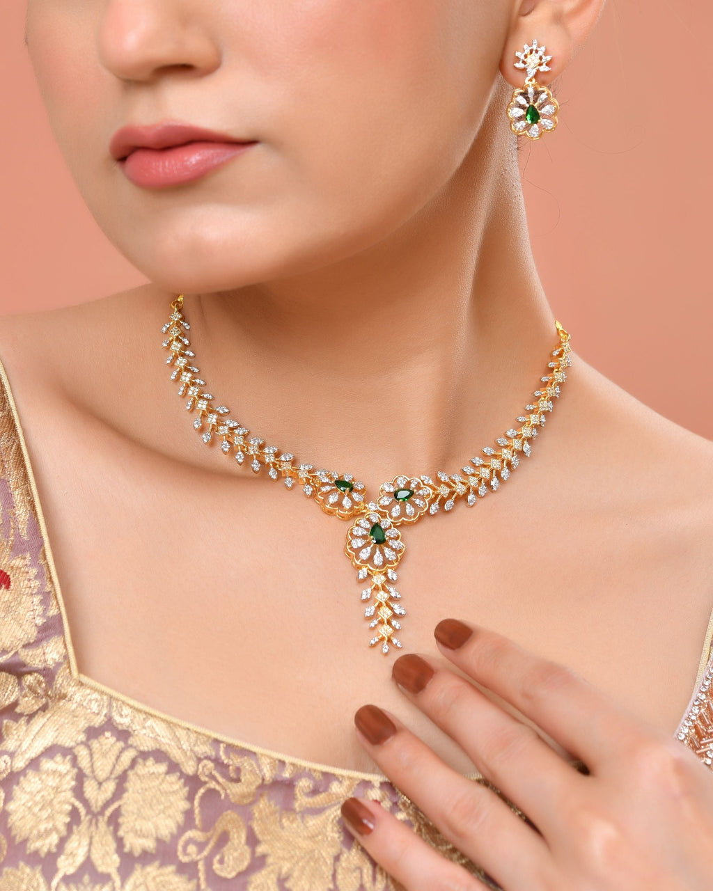 VOJ Gold Plated Lead Designed With Green Stone Ad Jewellery Set | Grocsy
